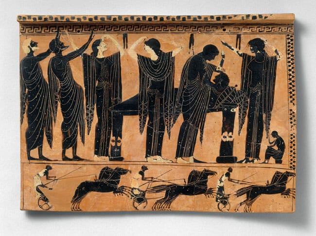 <strong>Funerary plaque</strong><br />ca. 520–510 B.C.; Archaic, black-figure<br />Greek, Attic<br />Terracotta<br /><span class="”creditLine”">Rogers Fund, 1954</span> (54.11.5)
photography by mma, Digital File DT200607.tif
retouched by film and media (jnc) 12_2_11