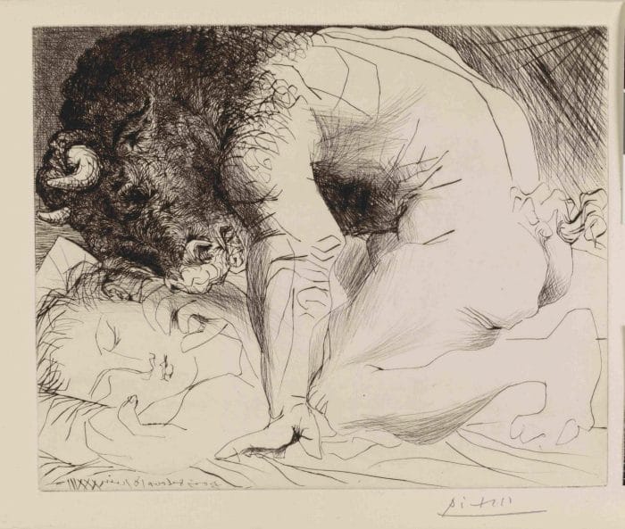 Minotaur crouching over sleeping woman; plate 93 of the Vollard Suite (VS 93). 18 June 1933, plate reworked probably at the end of 1934. Drypoint. Pablo Picasso (1881 - 1973). Copyright of Succession Picasso/DACS 2011
